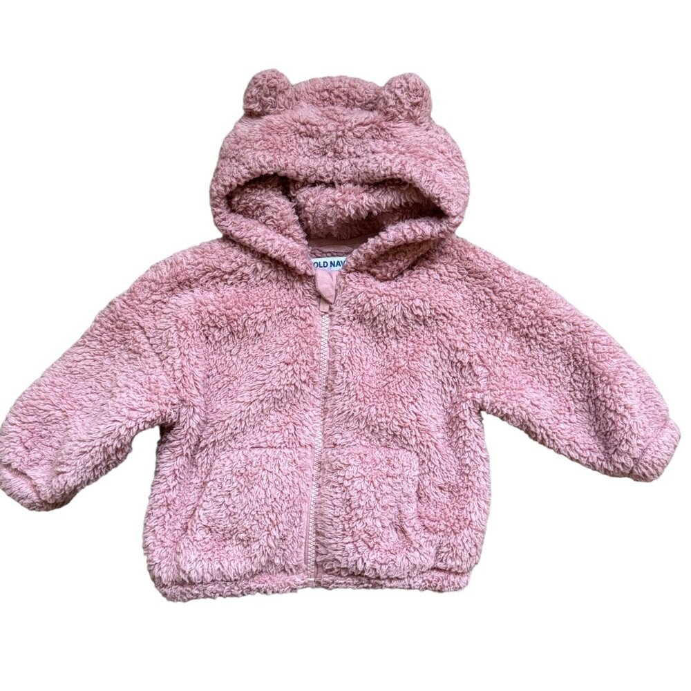Old Navy Baby Girl Pink Sherpa Hoodie Jacket & Ears 12-18M Warm Soft
